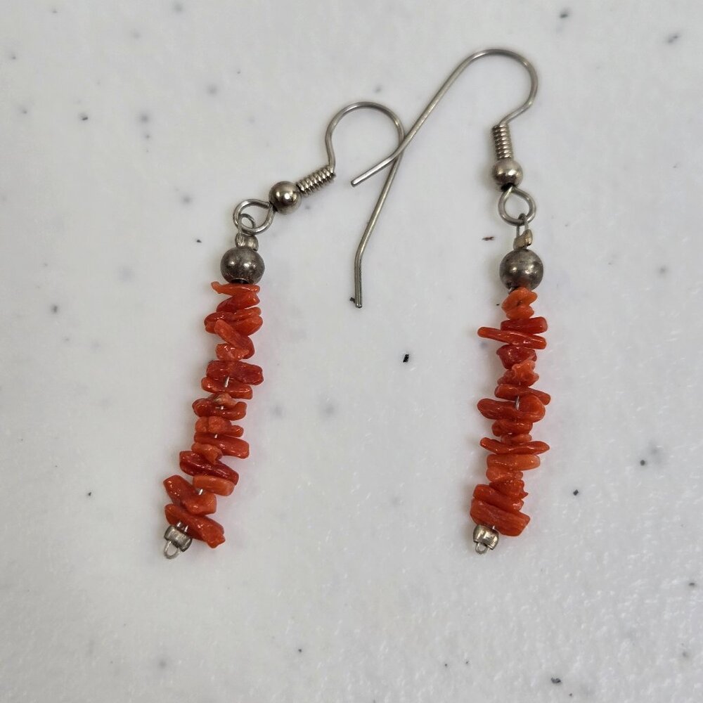 Coral Pieces Earrings Dangle Southwestern Boho Orange Silver Tone Western